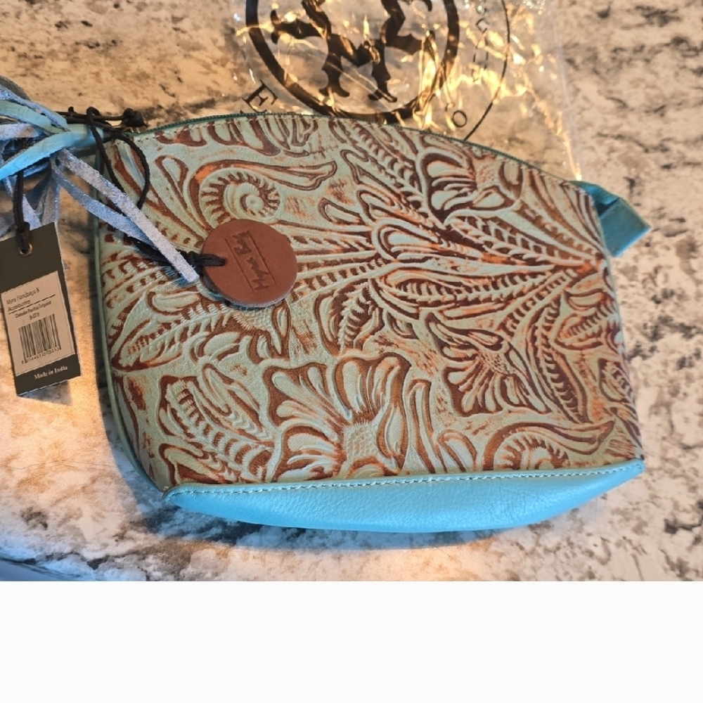 NWT MYRA BAG Embossed Floral Leather Bag - Turquoise